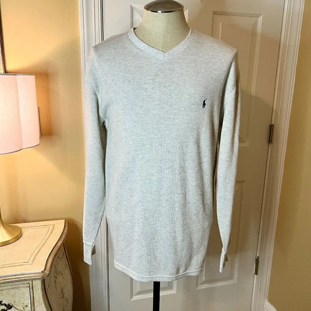 NWOT Men's Polo Ralph Lauren Waffle Knit V-Neck T-Shirt Oatmeal Tan Gray LARGE